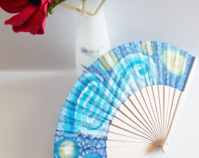 handpainted fan cotton fabric and wood with non toxic acrylics and matte varnish on top, starry night by mademeathens, wooden fan hot summer