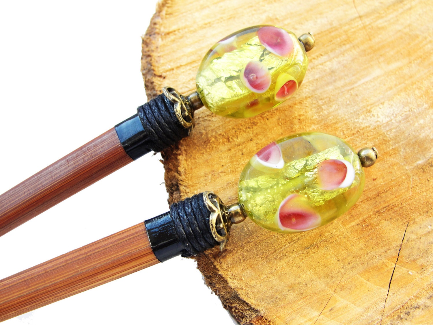 Set Of 2 Japanese Wooden Hair Sticks With Venetian Glass Beads