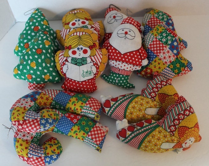 Vintage Patchwork Fabric Stuffed Christmas Ornaments Set of 12