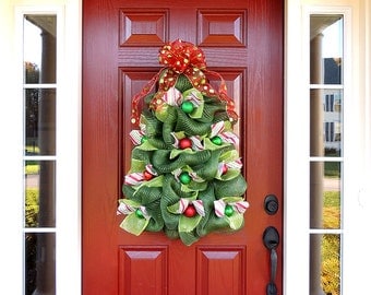 Large Christmas Tree Wreath, Deco Mesh Christmas Wreath, Whimsical Tree Door Hanger, Christmas Front Door Wreaths, Mother's day Gift