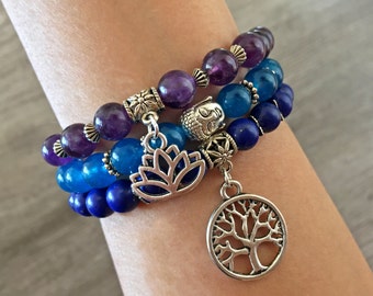 Genuine Healing Bracelets for Inner Strength, Lapis Lazuli, Amethyst, Bracelet Stack, Wrist Mala, Healing Crystals, Healing Stones, Set of 3