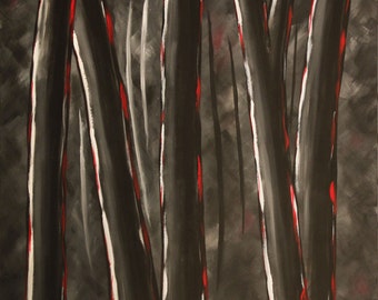 Stop in Forest Original Acrylic Painting wall art black white gray red decoration tree BananeArt square canvas handmade