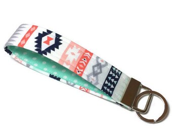 Navy, coral, pink, mint aztec wristlet key fob, wristlet keychain, key lanyard, wrist keychain, fabric keychain, teacher gift, gift under 10
