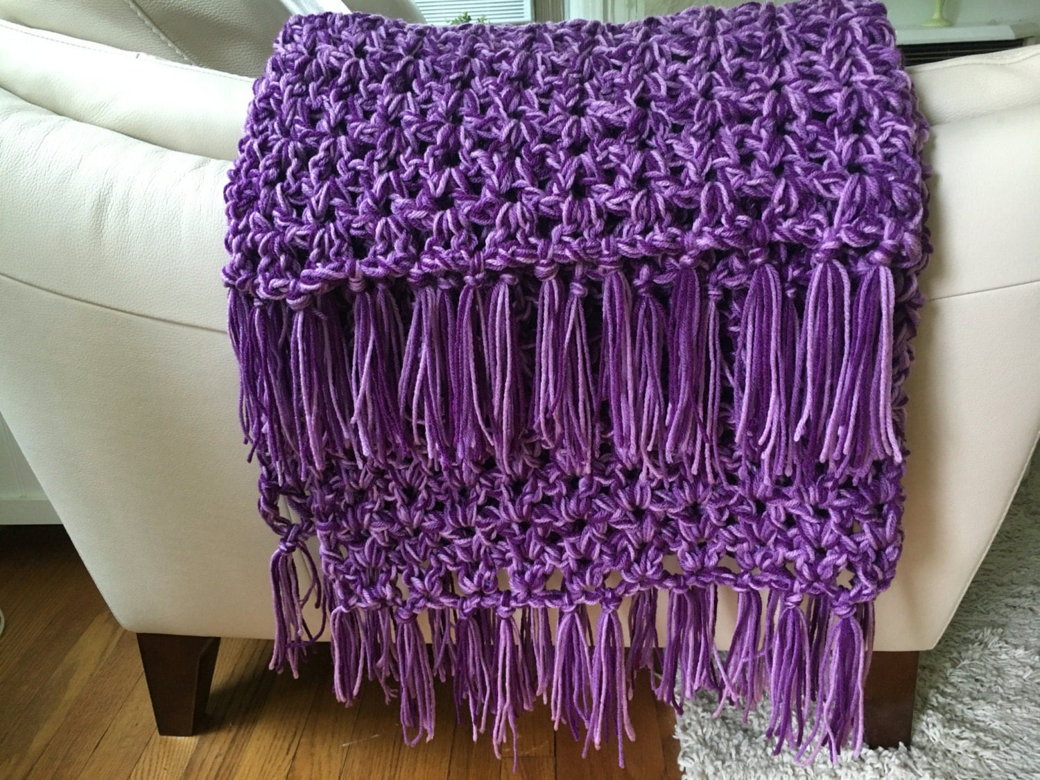 Purple throw blanket handmade crochet throw chunky fringed