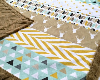 Minky Baby Blanket - Modern Woodland Faux Quilt Designer Minky - Brown Chevron