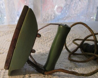 Travel Iron 1930s, Electrical Green Granite Ware, Wood Handle, Light Socket Adapter, Handle Plate Reads "Buster Brown Shoe"