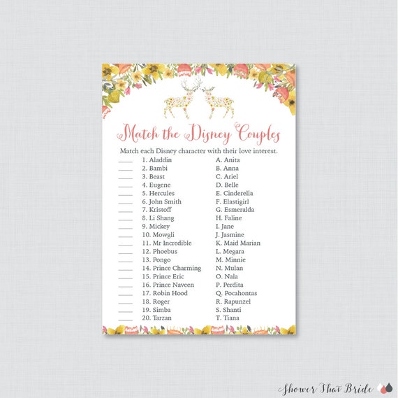 Woodland Disney Couples Match Game Printable Floral Deer