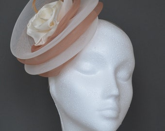 Ivory and beige, natural, champagne flower feather fascinator. Ivory wedding fascinator. Ivory Ascot hat. Derby hat. Garden party hat.