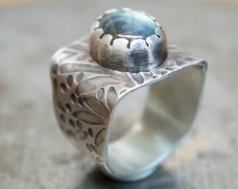 Labradorite ring, Sterling silver ring, Statement ring, Wide band ring,