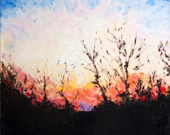 Sunset Painting, Oil Landscape Painting, Impressionist Painting, Palette Knife Painting, Original Painting on Canvas