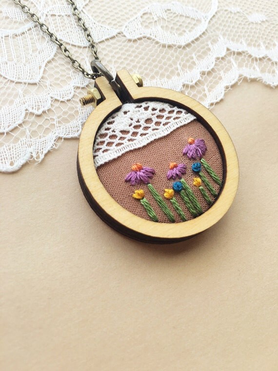 Boho Necklace Mini Embroidery Hoop Necklace Wildflower