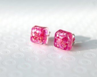 Pink Glitter Earrings - Glitter Studs - Glitter Earrings - Sparkly Earrings - Resin Earrings - Stud Earrings - Post Earrings