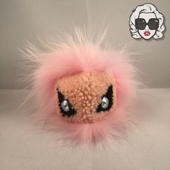 with keychain pom eyes pom with Super Eyes   Bug  Pom Pom Fur Bag Charm Pink  Soft Black Keychain