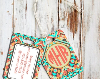 Aztec luggage tag, Monogram rear view mirror hanger, Customized car charm, Gift for daughter, Aztec print in turquoise coral (1272)