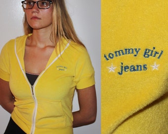 90s yellow cropped Tommy Girl Jeans track Jacket, 90s Tommy Hilfiger Jacket Top, Tommy Girl Shirt, Terrycloth Jacket,VTG Track Jacket, S