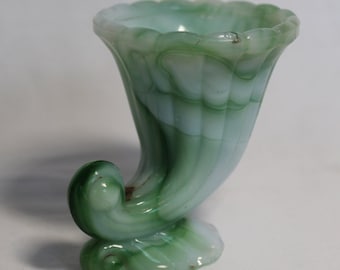 Vintage AKRO AGATE Slag Glass Marbelized Green Swirl CORNUCOPIA Toothpick Holder Vase #765 Jade Jadeite