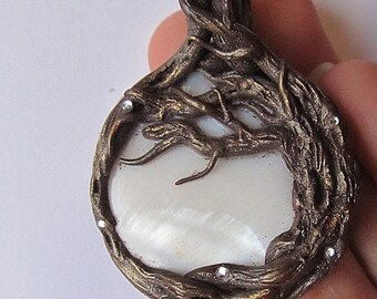 White nacre, polymer clay pendant, nacre pendant, white nacre pendant, tree pendant, nacre tree pendant, magic tree, druid tree, elvish tree