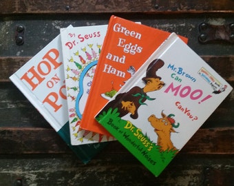 Dr. Seuss books, Hop On Pop, Green Eggs and Ham, Mr. Brown Can Moo Can You?, Oh The Things You Can Think!, vintage Dr. Seuss book set