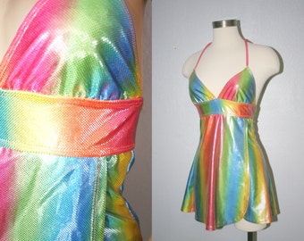 90s Rainbow Hologram Shimmer Halter Clubbing Rave Mini Dress