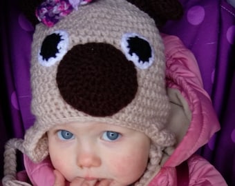 crochet pug hat, crochet dog hat, winter hat, crochet character hat, baby photography prop, children's hat, earflap hat, hat with bow