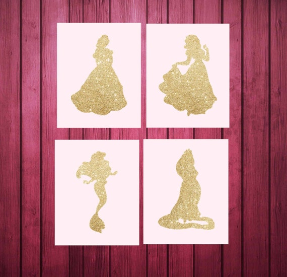 Princess wall art 8x10 Set of 4 Gold Glitter Princess wall