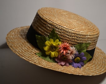 Women straw hat flowers: Straw boater hat - Ladies hat - Short brim hat - Canotier - French straw hat - Boho chic hat for summer