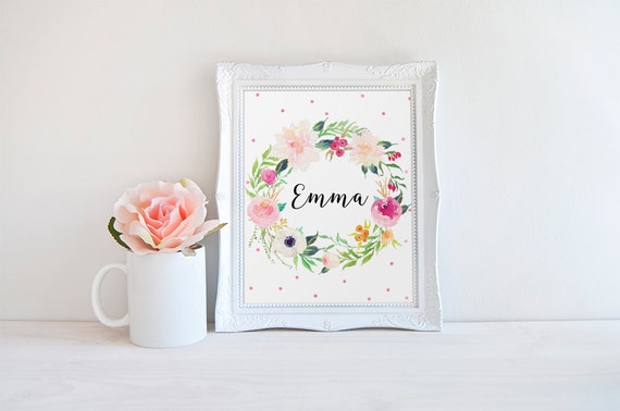 Floral Name Print Emma Name Baby Girl Name Print Custom