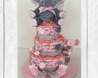 3-Tier Pink and Gray Elephant Diaper Cake, Elephant, Pink and Gray, Elephant Baby Shower, Shower Centerpiece, Girl Baby Shower, Diaper Cake