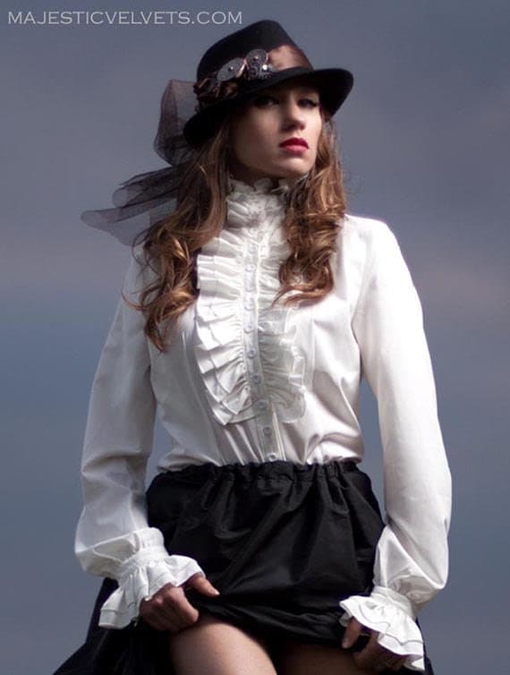 Victorian Steampunk Blouse High Neck long sleeve Frill White Ivory button up Shirt by MajesticVelvets steampunk buy now online