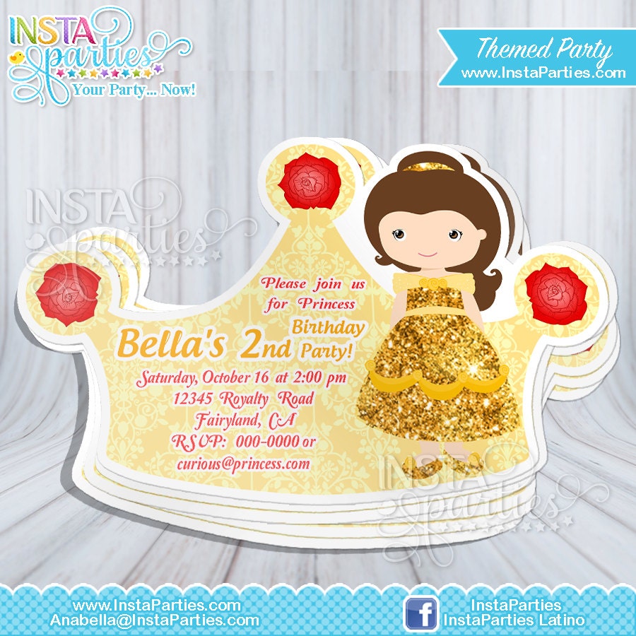Invitaciones princesas Bella fiesta cumple corona tiara cumpleaños la bella y la bestia elsa blanca nieves aurora bella durmiente Tiana