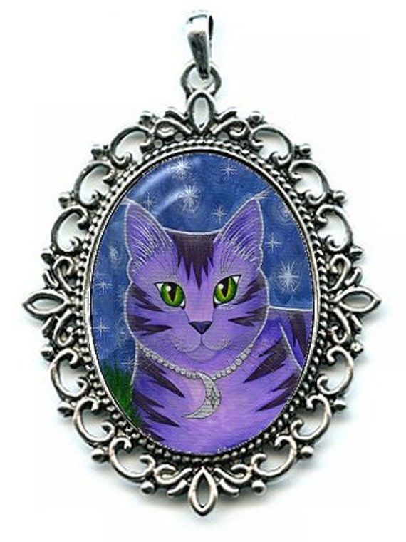 Moon Cat Necklace Astra Purple Cat Celestial Cat Stars Cameo