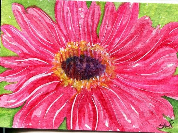 ACEO original Pink Gerbera Daisy watercolor gerber Painting