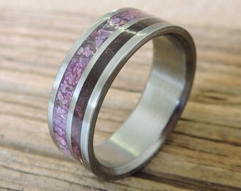 Titanium Ring, Wedding Ring, Wood Ring, Purple Ring, Wood Inlay Ring, Sugilite Ring, Mens Ring, Womens Ring, Wood and Stone Ring, Engraved