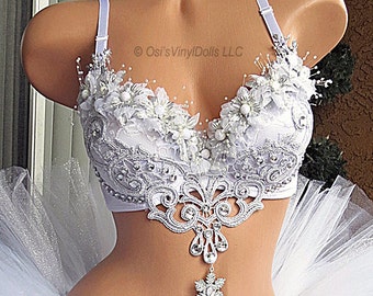 Silver White Winter Wonderland Rave Bra, Ice Princess, Snow Angel, Christmas, Bachelorette Bridal Bra