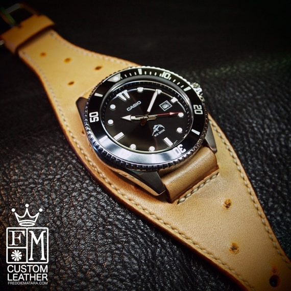 Leather Cuff Watch faux ostrich Casio diver Classic ROCKSTAR watch Bracelet made for YOU in NYC by Freddie Matara
