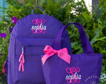 Initial and Name Monogrammed BACKPACK and LUNCHBOX, Personalized Solid Color School Girls Back Pack, Kids Book Bag, childrens, set of 2