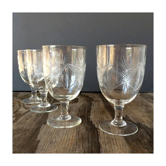 Etched Water Glasses Set of 4 Etched Goblets