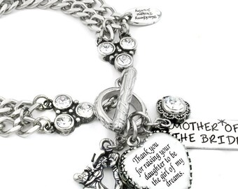 Personalized Mother of the Bride Bracelet, Custom Wedding Jewelry, Personalized Bridal Jewelry, Choose your own quote, charms and crystals