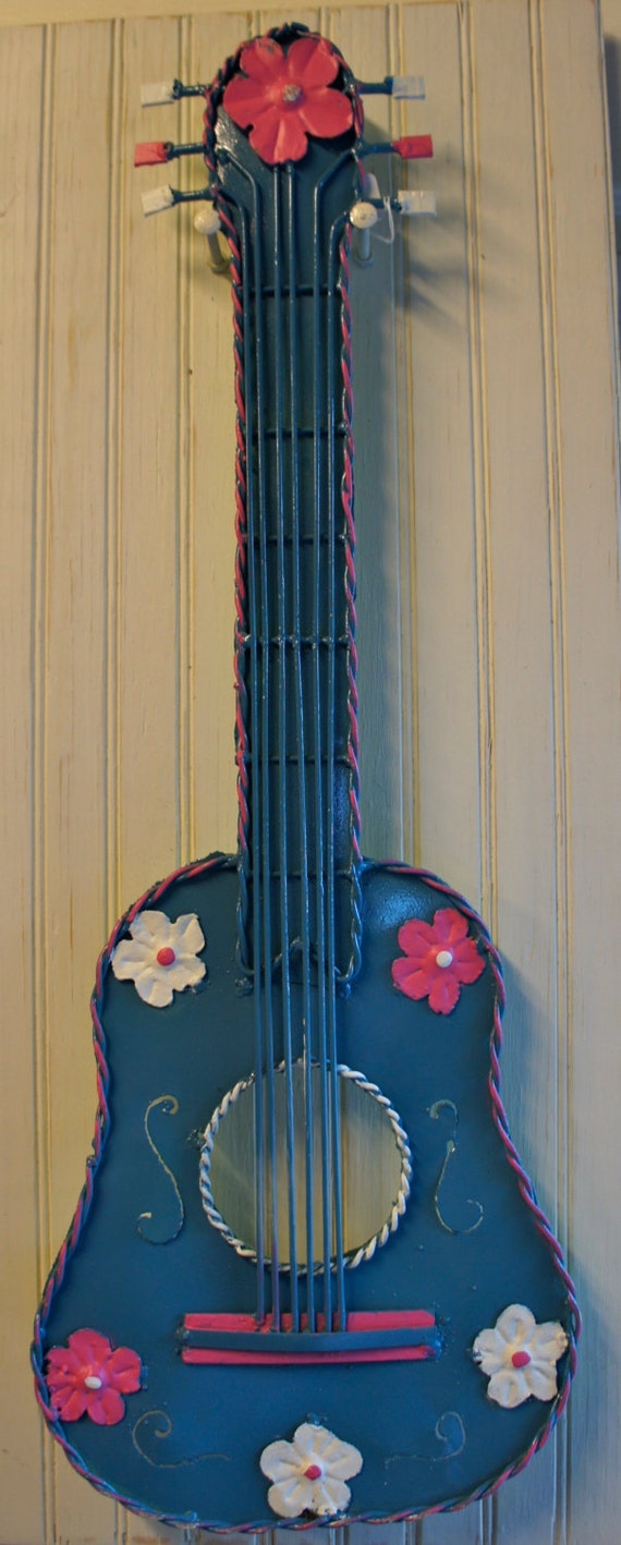 Items similar to Whimsical Hand Painted Metal Guitar with Flowers- Wall ...