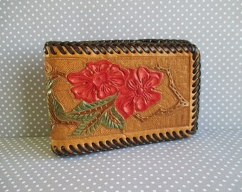 Vintage Tooled Leather and Vinyl Wallet / Bill Fold
