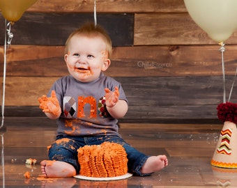 Boys ONE shirt for 1st Birthday - 18 month short sleeve gray shirt - lettering in brown orange aqua red green