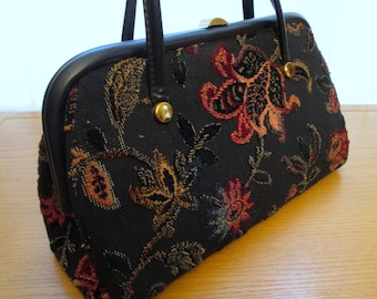 Vintage Tapestry Handbag, Tapestry Bag, Carpet Bag, Verdi Tapestry Purse, chenille fabric, black flower bag, pink floral, velour bag