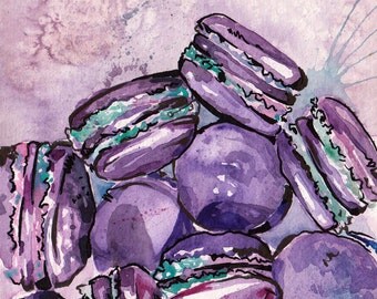 Purple Macarons Watercolor Art - Original Watercolor Painting of Macarons - Purple Cookie Art by Jen Tracy