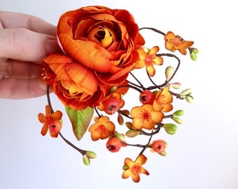 fall hair accessories, fall wedding hair clip, autumn wedding, fall flower hair accessory, orange hair flower, rustic wedding hairpiece