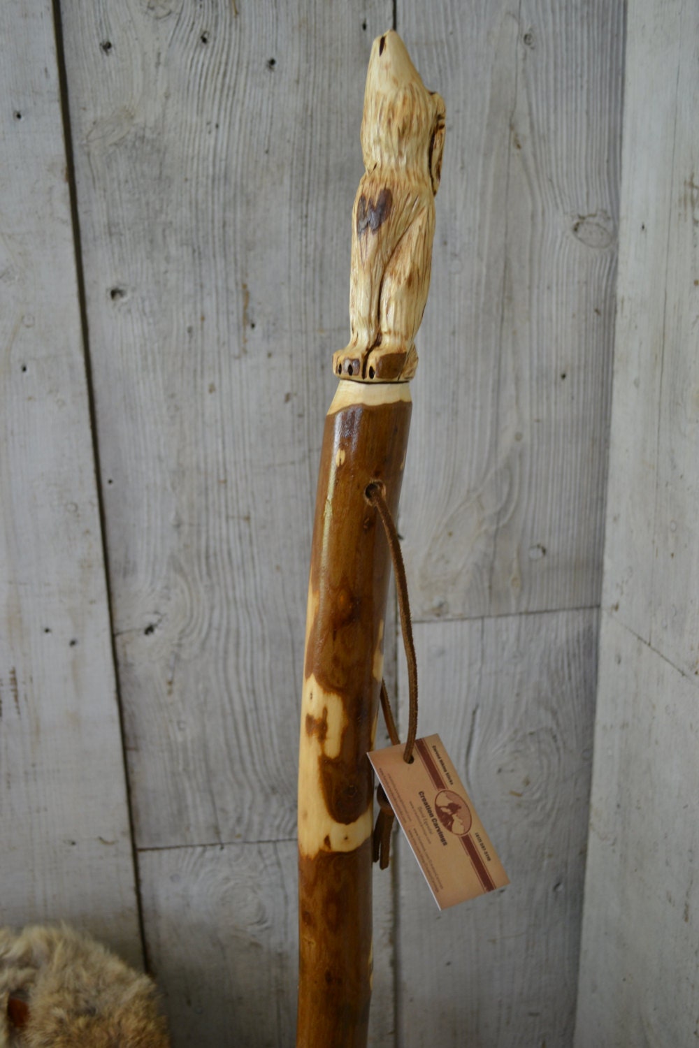 Walking Stick Staff Hand Carved Wolf Howling Wolf Hiking
