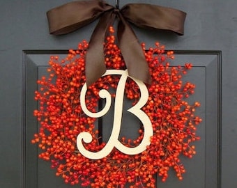 Orange Berry Fall Wreath, Fall Monogram Wreath Thanksgiving Wreath, Fall Decor with Weatherproof Berries