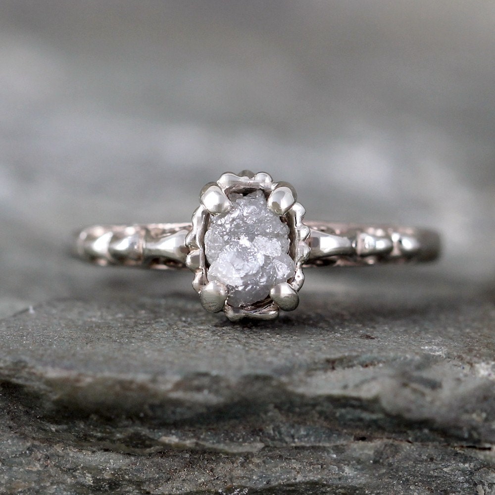 14K White Gold Raw Diamond Engagement Ring Filigree by ASecondTime