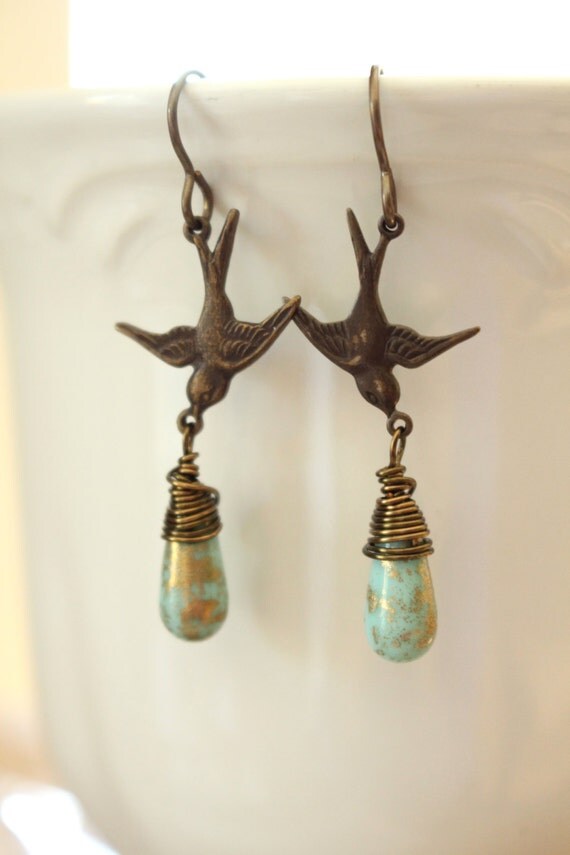 Bird earrings Aqua teardrop earrings Turquoise by kathyalderfer