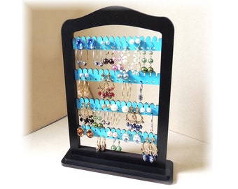 Earring holder, EARRING RACK,jewelry storage jewelry holder, earring organizer display TEAL wood with stand