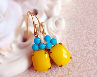 Bright Yellow Earrings - Turquoise Earrings - Spring Jewelry - Petite Earrings - Flirty Earrings - REGENCY Sunshine Yellow